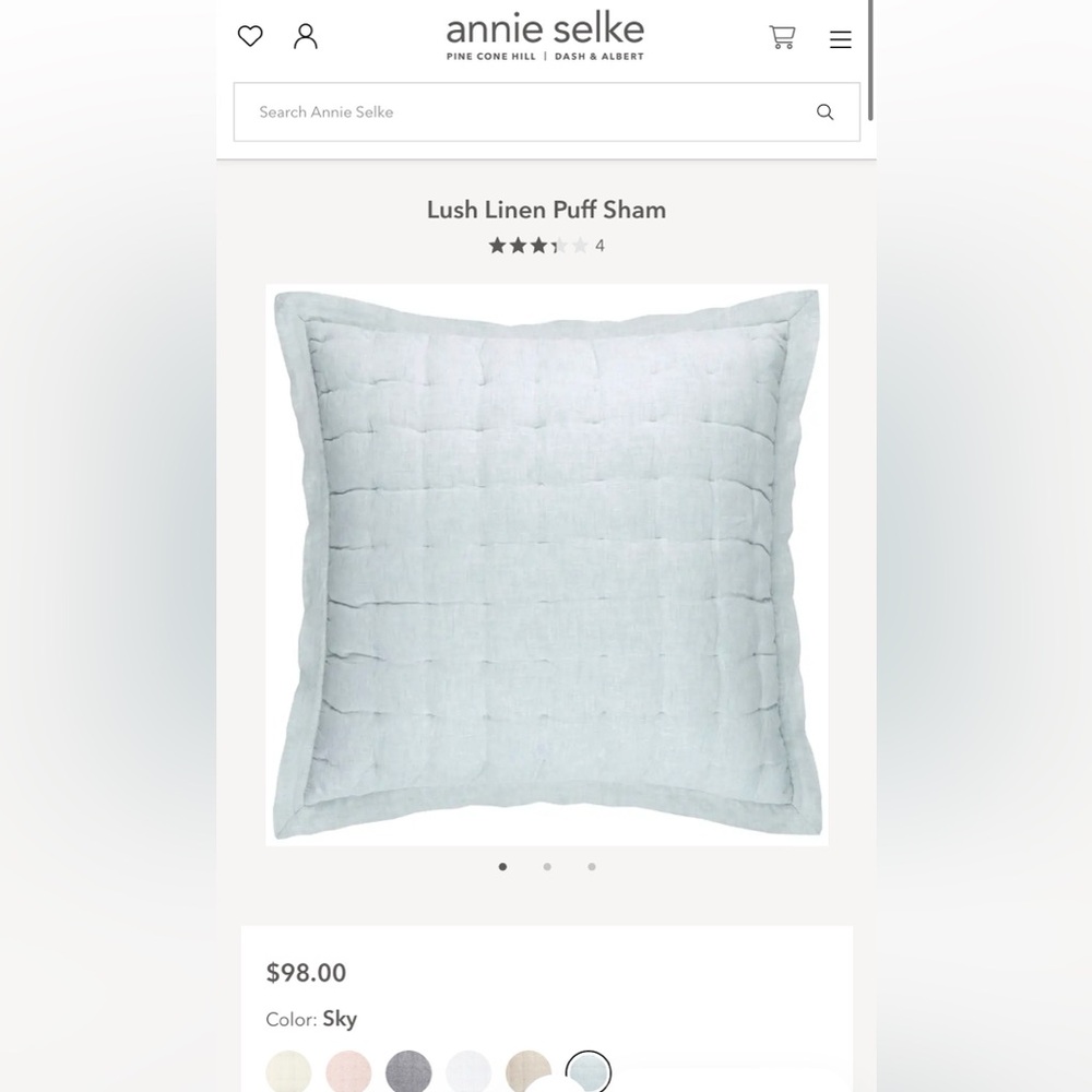 Annie Selke Lush Linen Puff Sham Sky Blue Set of 2 NWT Full/Queen